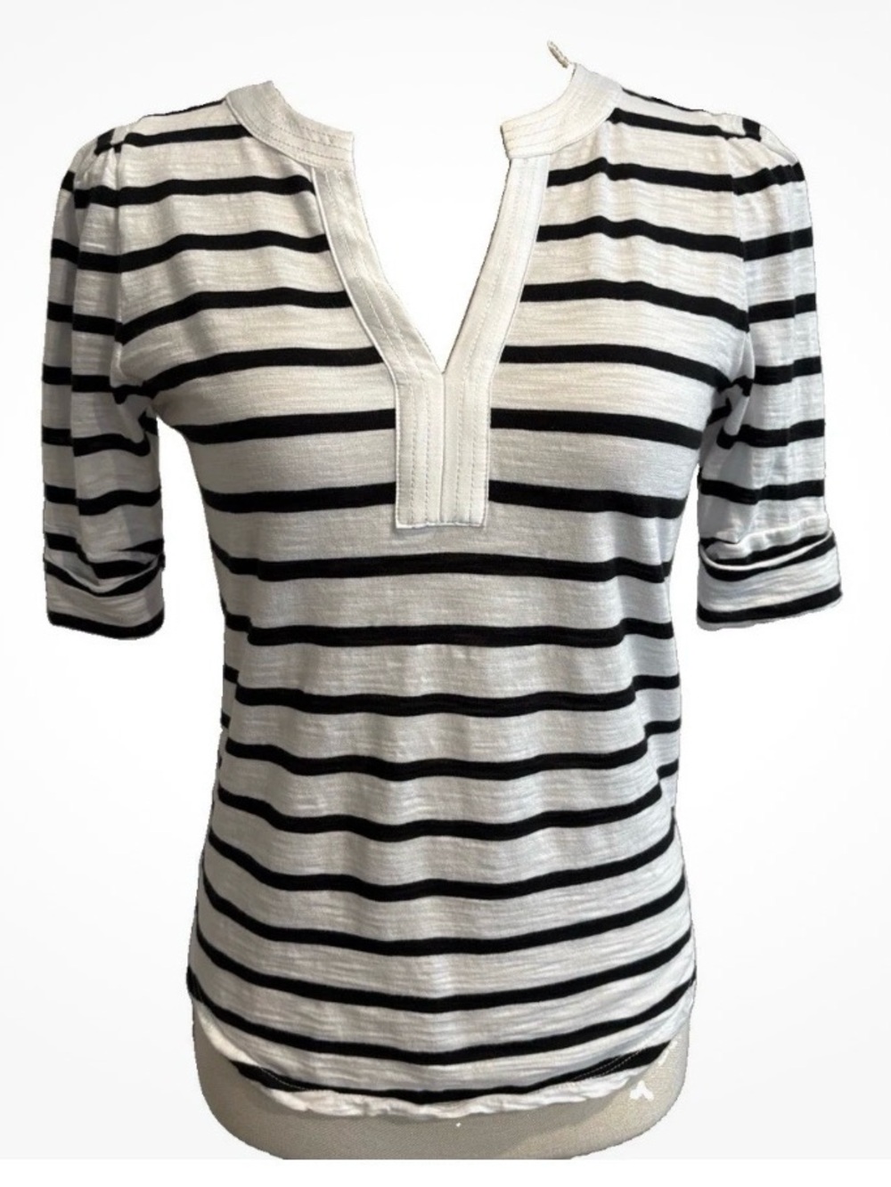 White House Black Market Black & White Striped Split V-Neck Tee